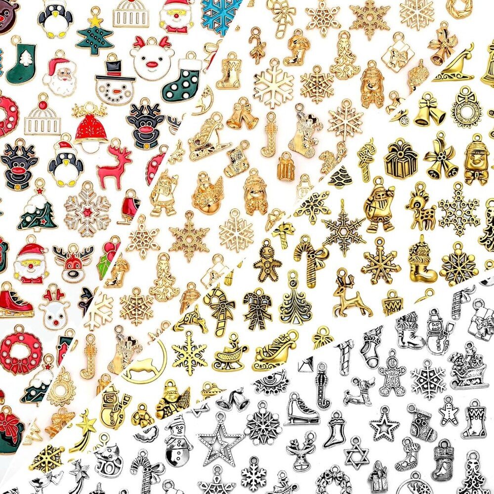 200Pcs Christmas Charms for Jewelry Making, Xmas Enamel Charms Mixed Bulk Antiqu